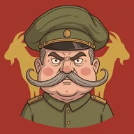 Idle Dictator app icon: Marshal Vorlan, with a military cap and an enormous grey moustache, in front of two golden goats on a red background.