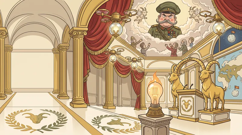 The Palace of Eternal Excellence from Idle Dictator: golden columns, red velvet curtains, chandeliers carried by drones, two golden goat statues beside a podium, and a ceiling fresco of Marshal Vorlan floating in the clouds above his admiring citizens.